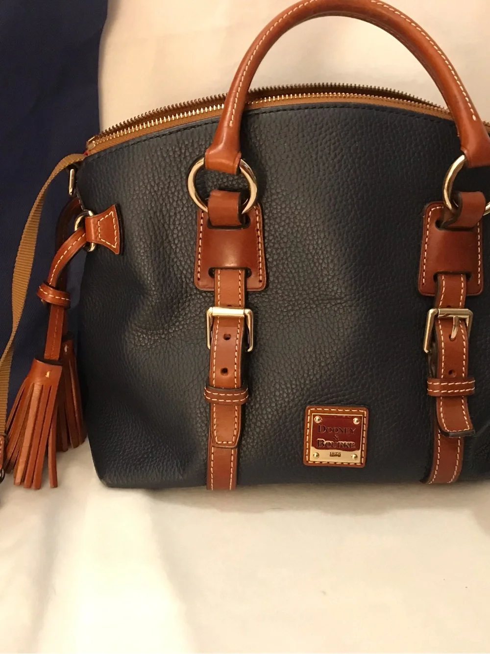 Dooney & Bourke Navy Pebbled Leather Satchel with Tan Trim and Tassel